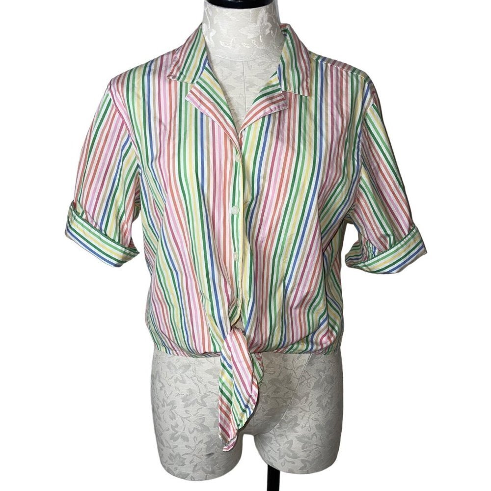 Liz Claiborne Sport Vintage Women Cropped Top Size Large Tie Front Stripe Cotton